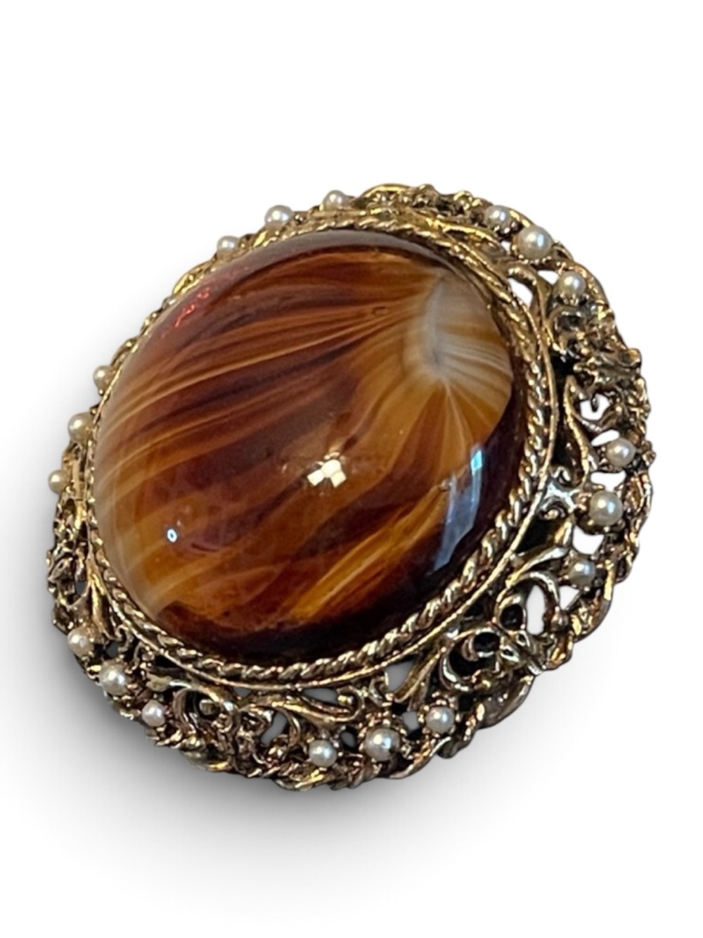 Victorian Domed Swirled Glass Filigree Faux Pearl Framed Pendant Brooch
